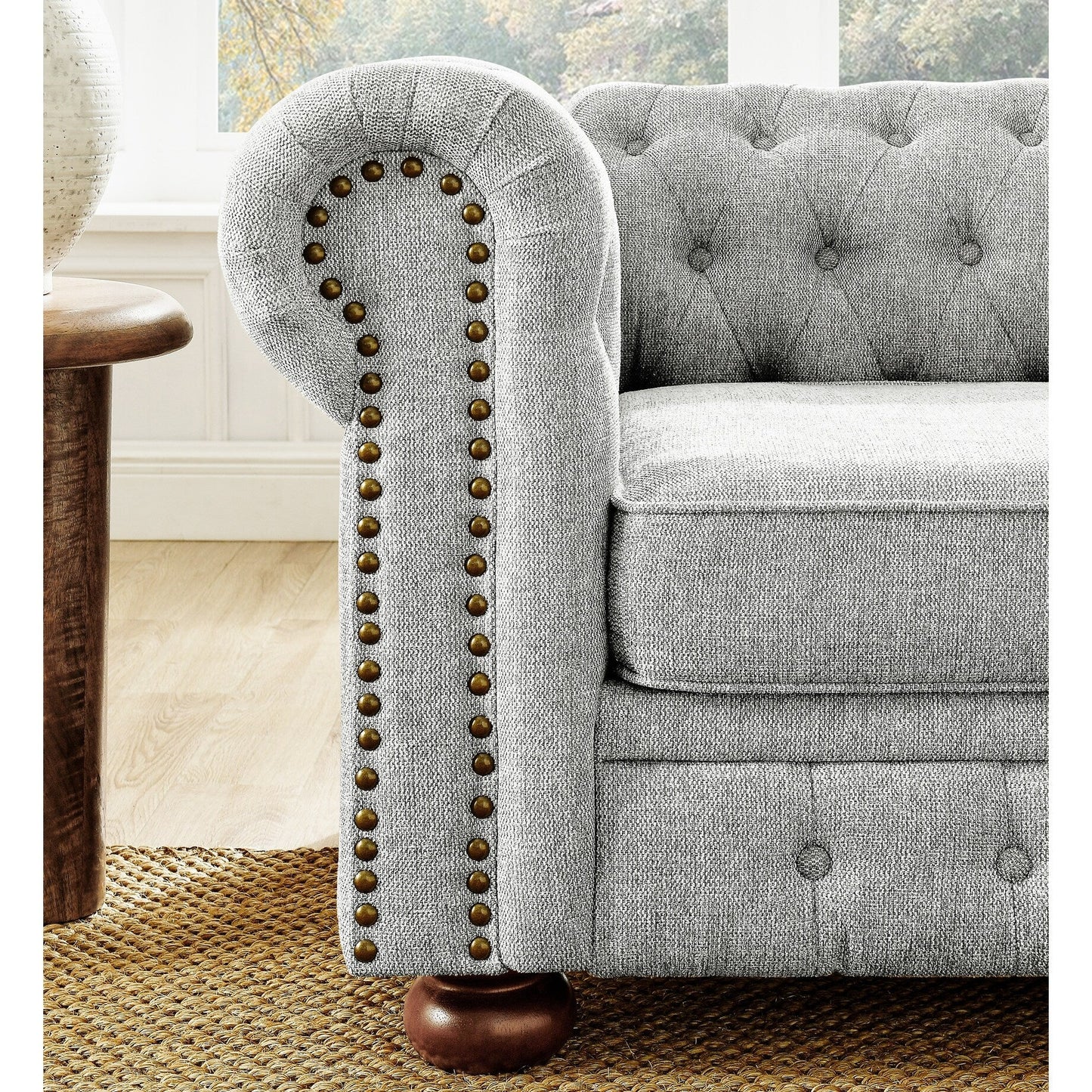 88.5 Linen 3-Seater Sofa with Nailhead Accents, Solid Wood Frame for Living Room