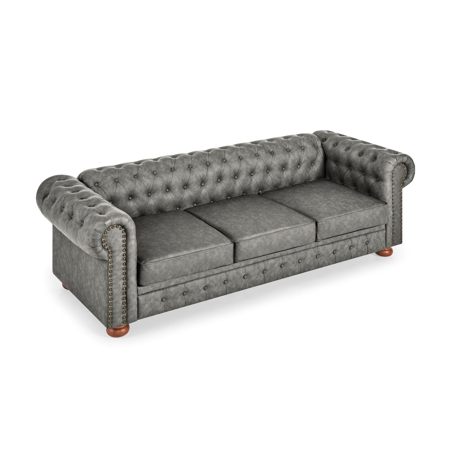 88.5 PU 3-Seater Sofa with Nailhead Accents, Solid Wood Frame for Living Room