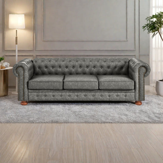 88.5 PU 3-Seater Sofa with Nailhead Accents, Solid Wood Frame for Living Room