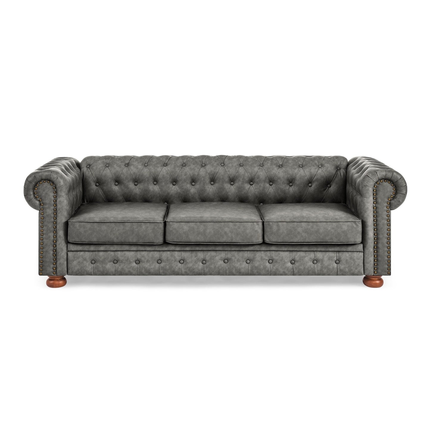 88.5 PU 3-Seater Sofa with Nailhead Accents, Solid Wood Frame for Living Room