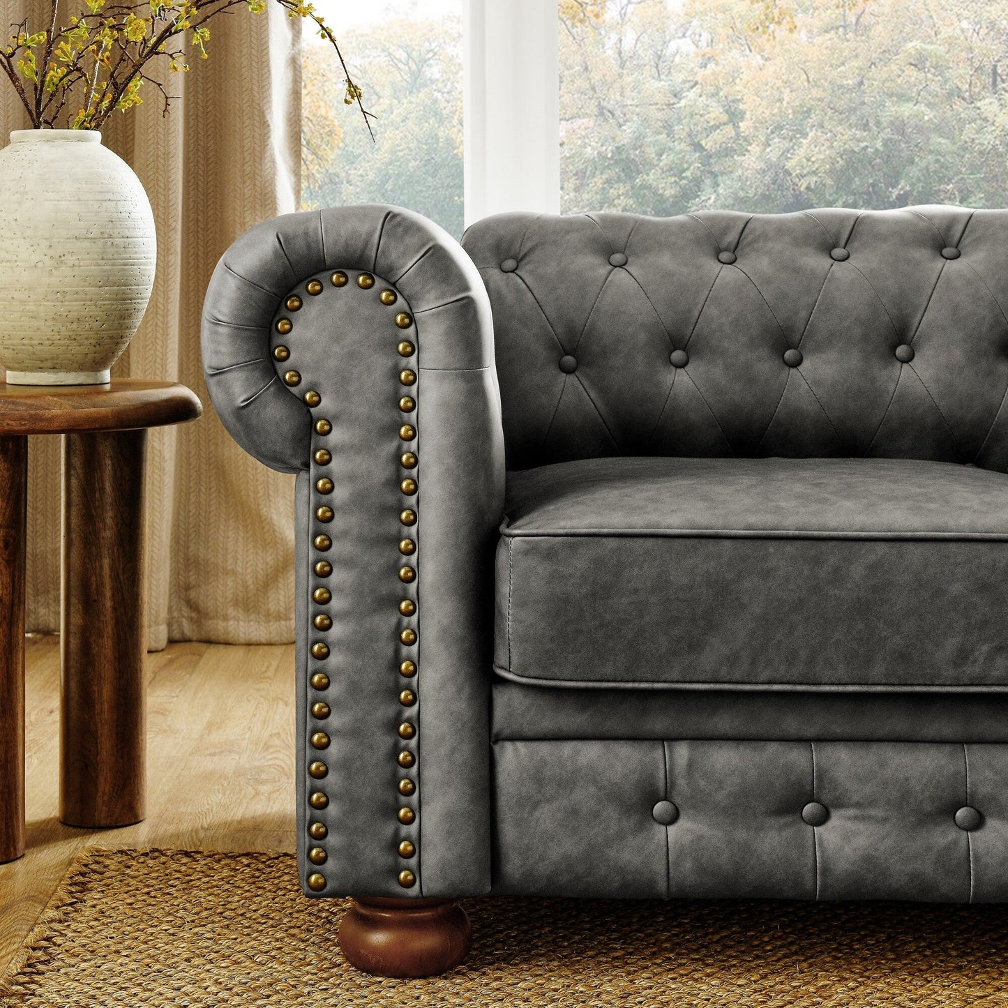 88.5 PU 3-Seater Sofa with Nailhead Accents, Solid Wood Frame for Living Room