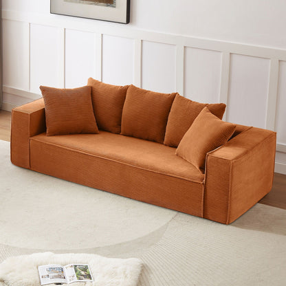 88.97'' Corduroy 3-Seater Sofa with 5 Toss Pillows, Sleek Modular Design for Modern Living Room