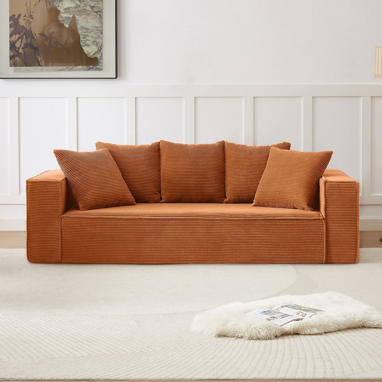 88.97'' Corduroy Modular 3-Seater Sofa with 5 Toss Pillows and Spacious Design