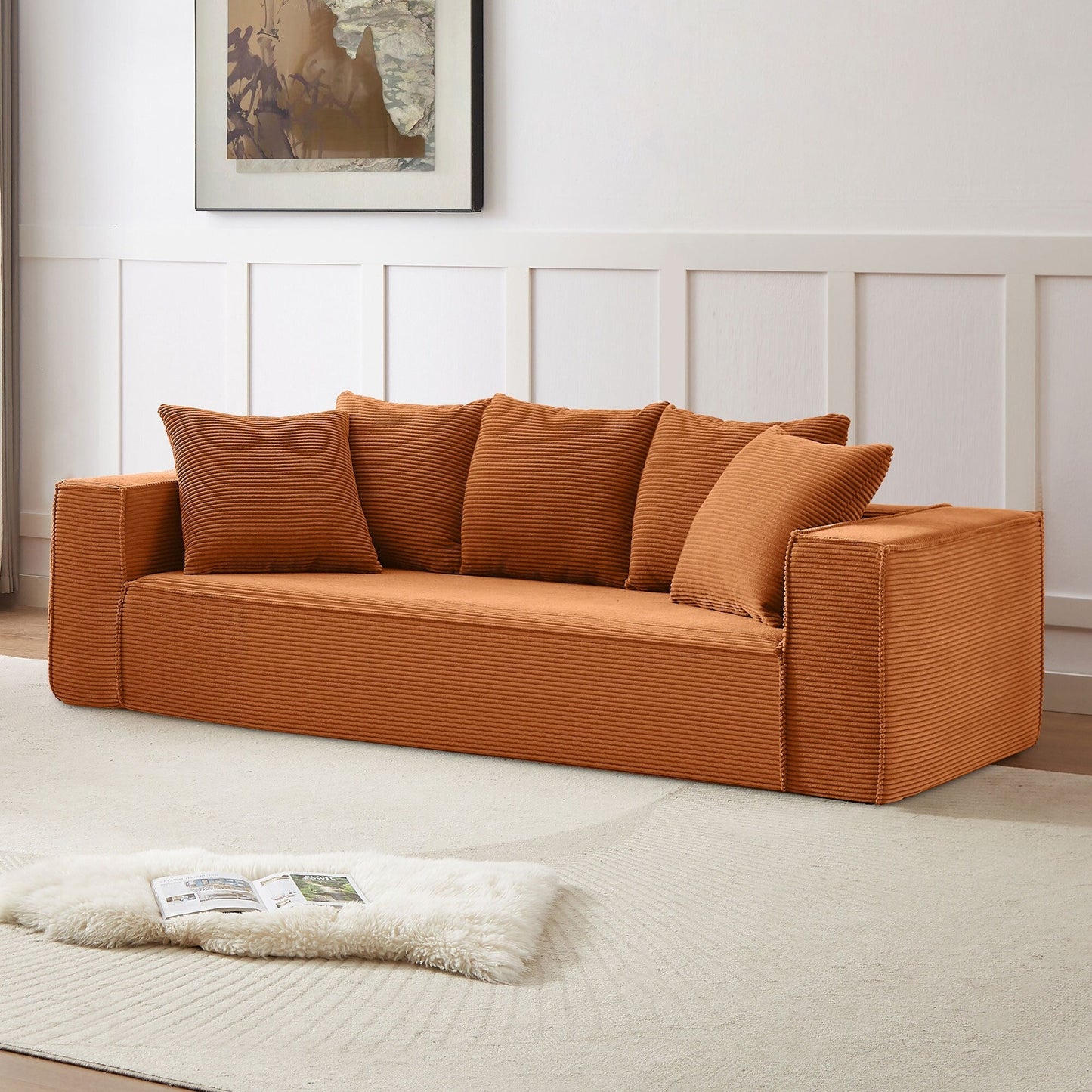 88.97'' Corduroy Modular 3-Seater Sofa with 5 Toss Pillows and Spacious Design