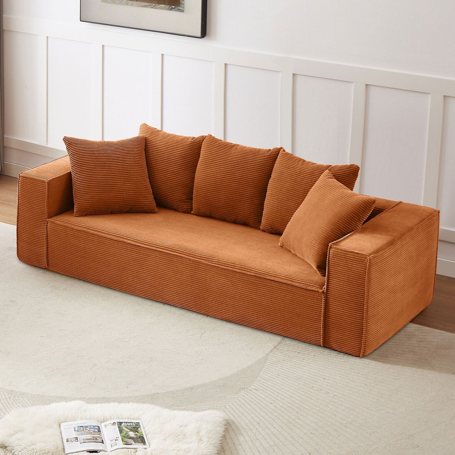 88.97'' Corduroy Modular 3-Seater Sofa with 5 Toss Pillows and Spacious Design