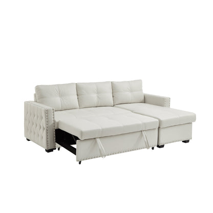 88'' Convertible 3-Seater Sofa Bed with Storage Chaise, Pull-Out Bed, Nailhead Trim
