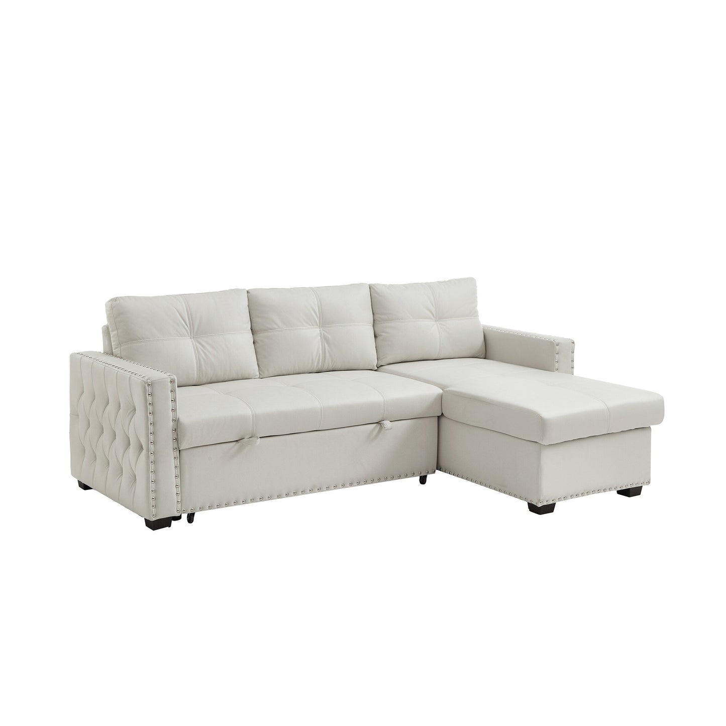 88'' Convertible 3-Seater Sofa Bed with Storage Chaise, Pull-Out Bed, Nailhead Trim