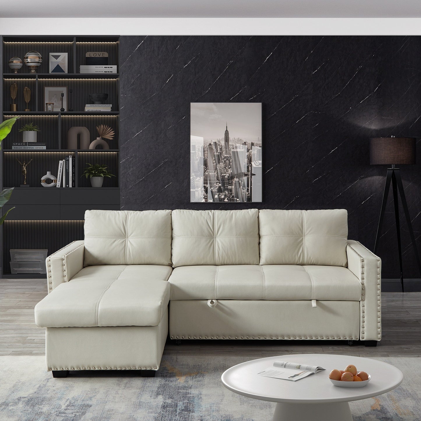 88'' Convertible 3-Seater Sofa Bed with Storage Chaise, Pull-Out Bed, Nailhead Trim