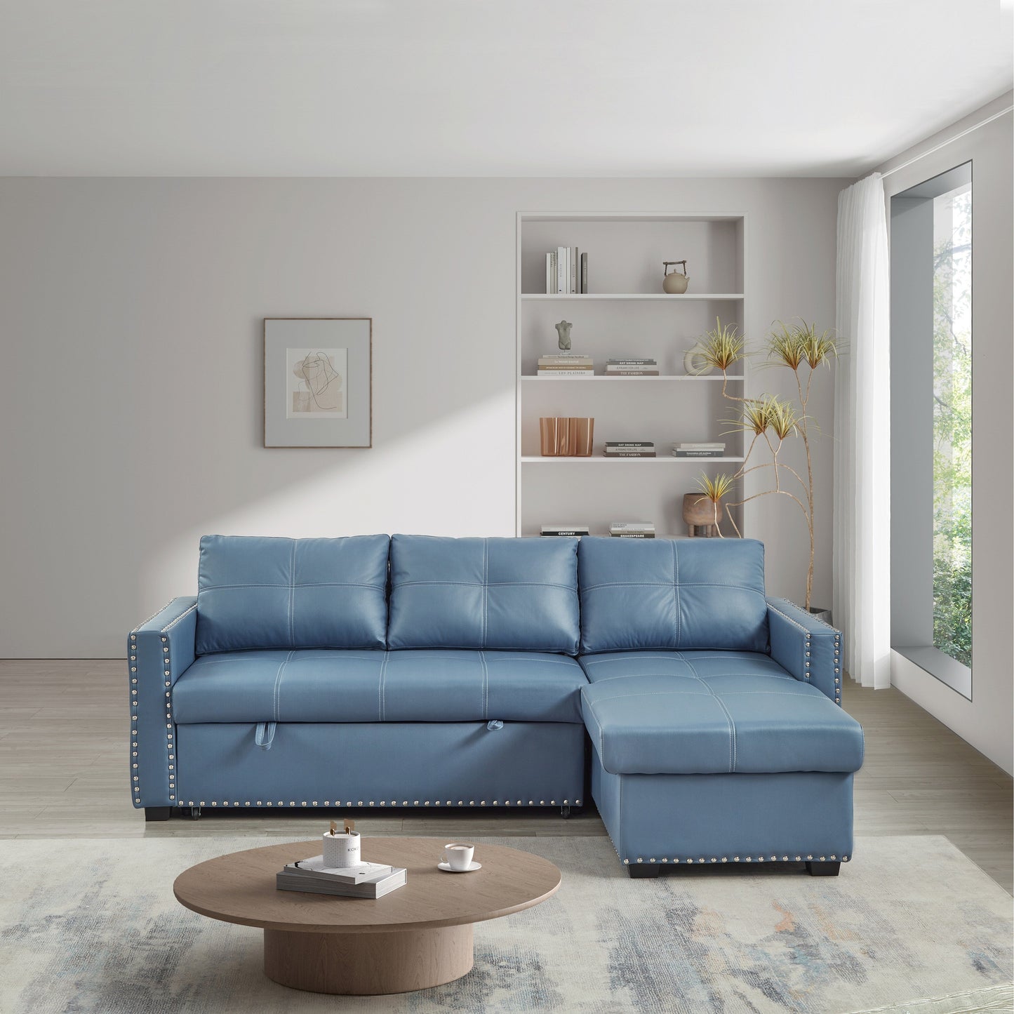 88'' Convertible 3-Seater Sofa Bed with Storage Chaise, Pull-Out Bed, Silver Nailhead Trim, Comfortable Sponge Fill