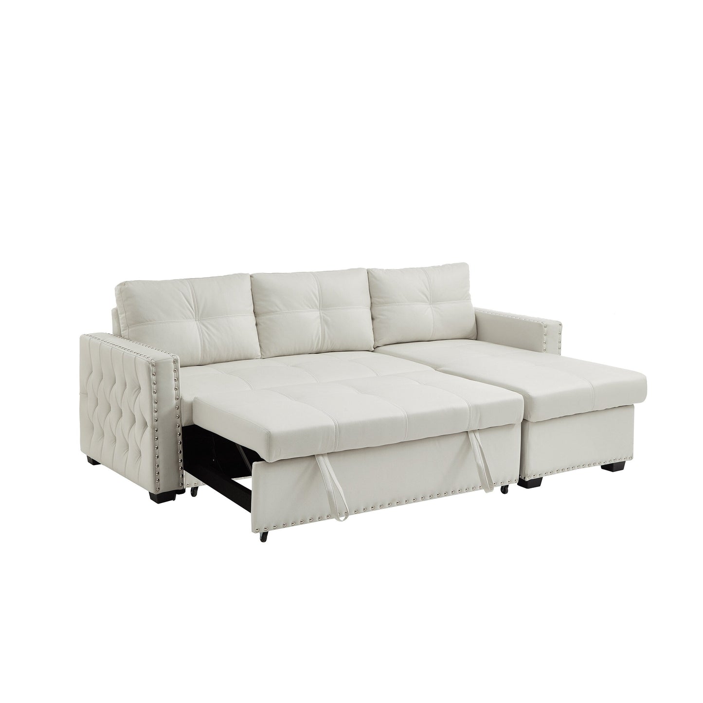 88'' Convertible 3-Seater Sofa Bed with Storage Chaise, Pull-Out Bed, Silver Nailhead Trim, Comfortable Sponge Fill