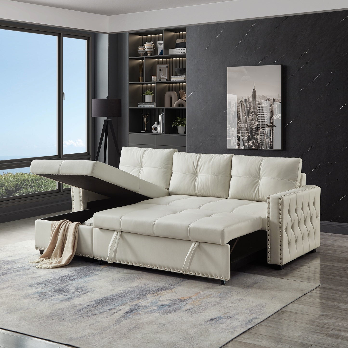 88'' Convertible 3-Seater Sofa Bed with Storage Chaise, Pull-Out Bed, Silver Nailhead Trim, Comfortable Sponge Fill