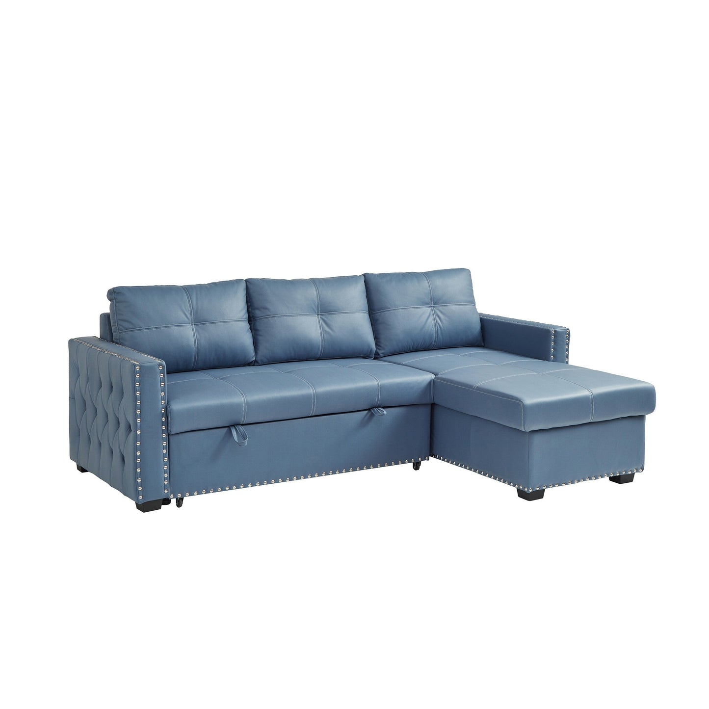 88'' Convertible 3-Seater Sofa Bed with Storage Chaise, Pull-Out Bed, Silver Nailhead Trim, Comfortable Sponge Fill