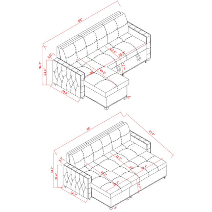 88'' Convertible Microfiber 3-Seater Sofa Bed with Storage Chaise and Pull-Out Bed Function