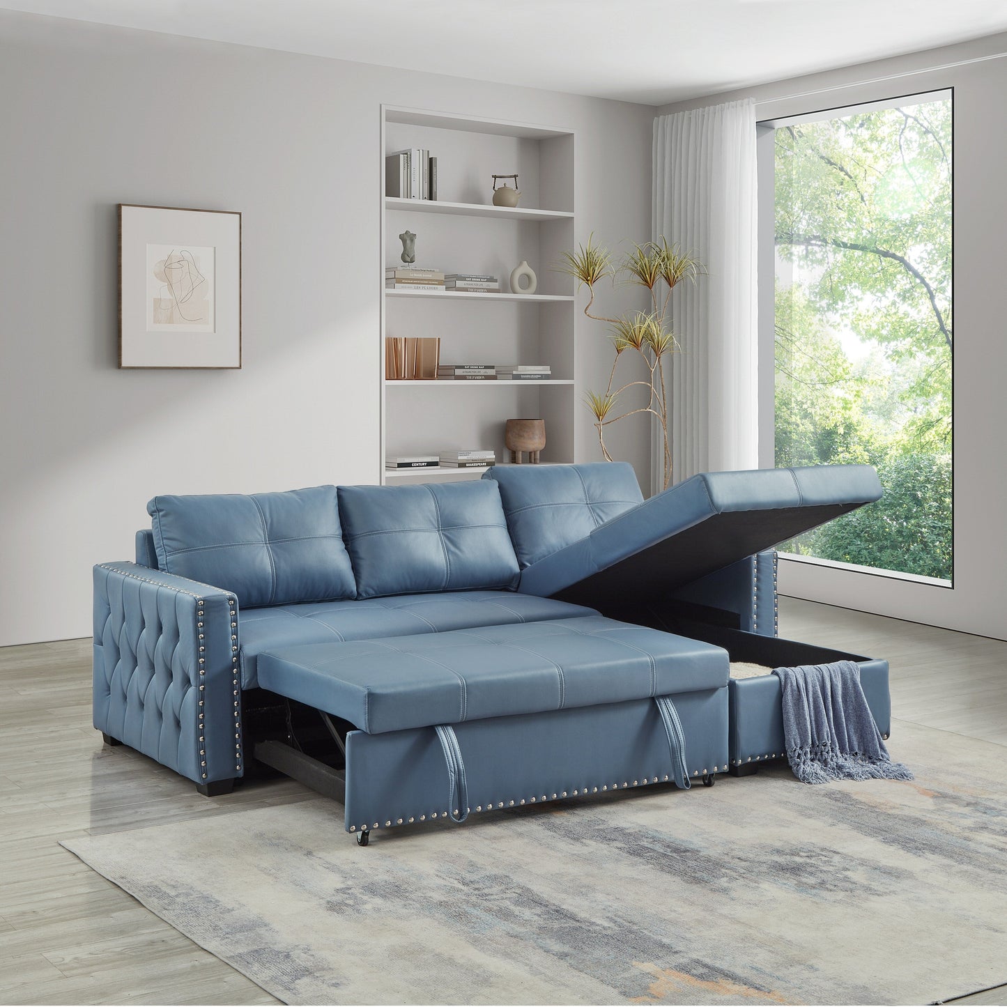 88'' Convertible Microfiber 3-Seater Sofa Bed with Storage Chaise and Pull-Out Bed Function