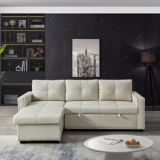88'' Convertible Microfiber 3-Seater Sofa Bed with Storage Chaise and Pull-Out Bed Function