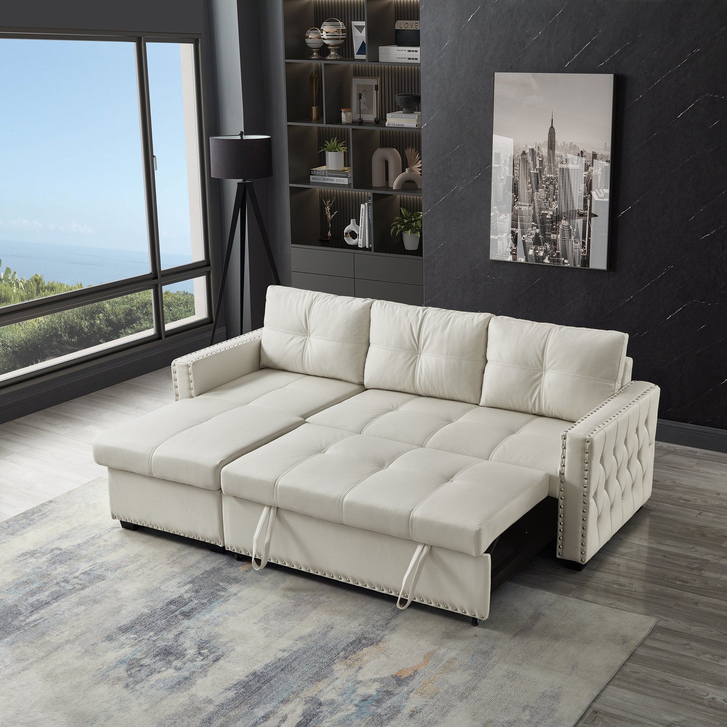 88'' Convertible Microfiber 3-Seater Sofa Bed with Storage Chaise and Pull-Out Function