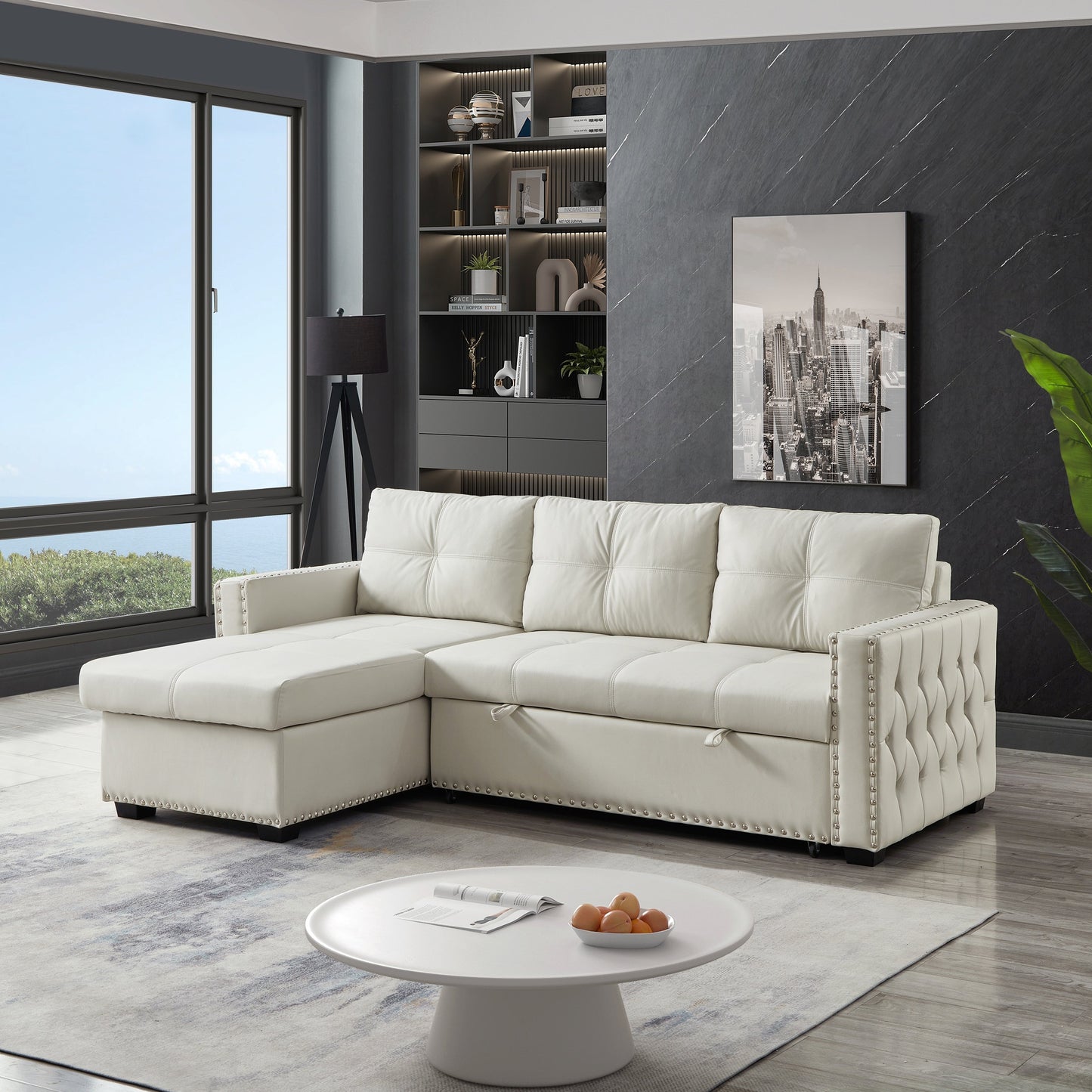 88'' Convertible Microfiber 3-Seater Sofa Bed with Storage Chaise and Pull-Out Function