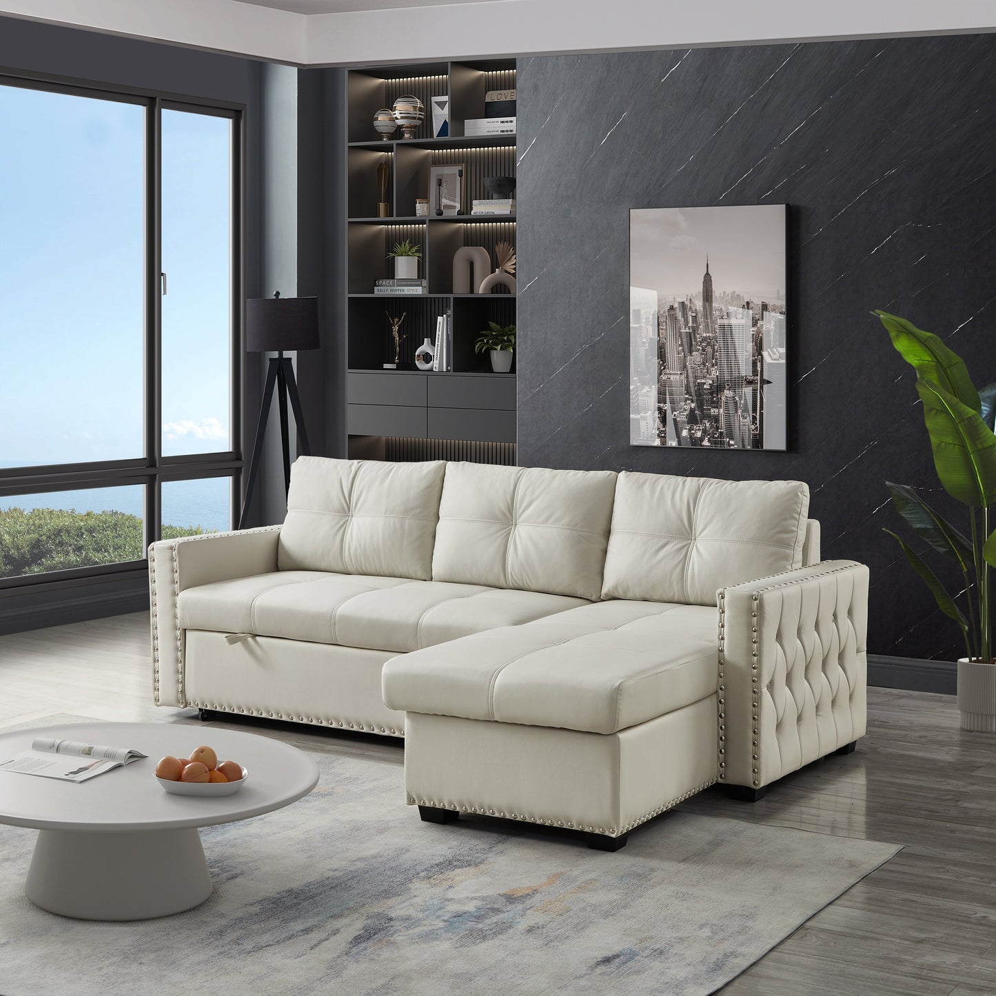 88'' Convertible Microfiber 3-Seater Sofa Bed with Storage Chaise and Pull-Out Function