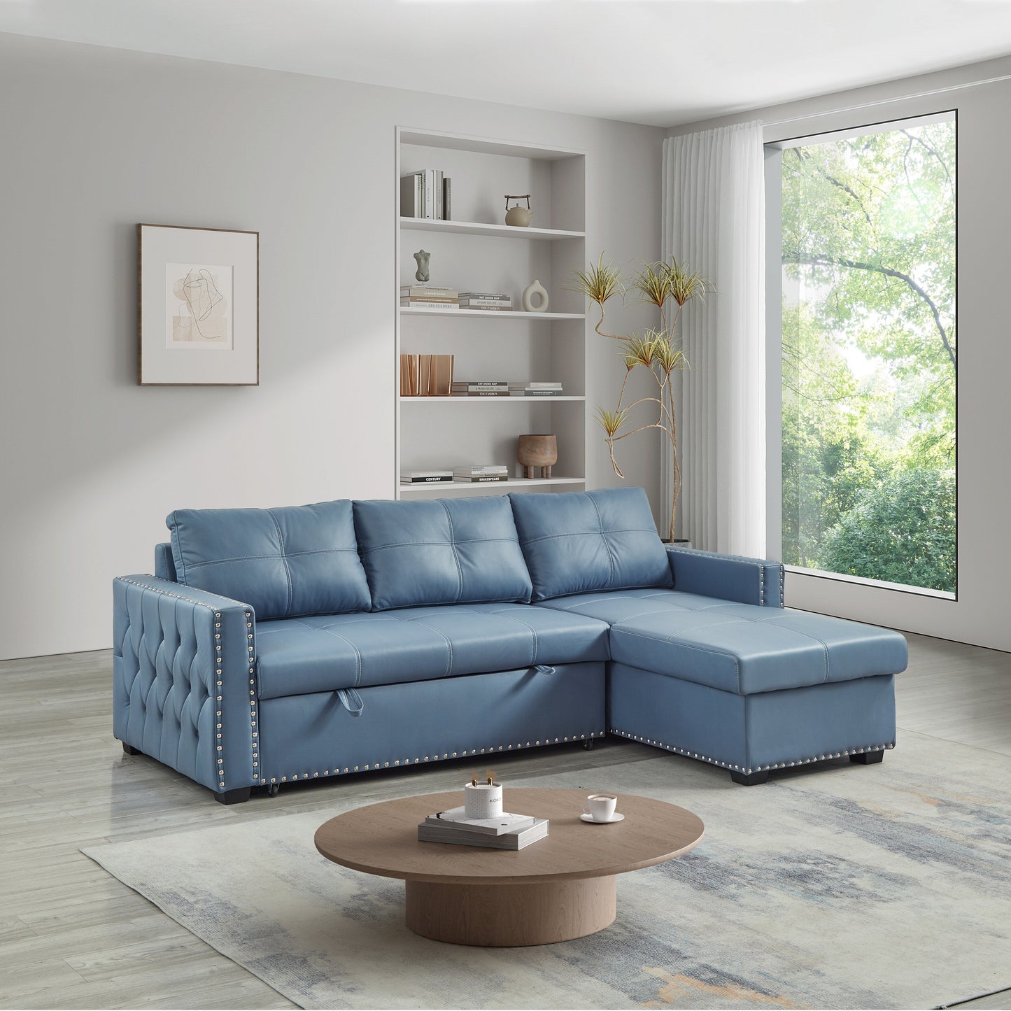 88'' Microfiber Convertible 3-Seater Sofa Bed with Storage Chaise, Pull-Out Bed, and High-Quality Sponge Cushion