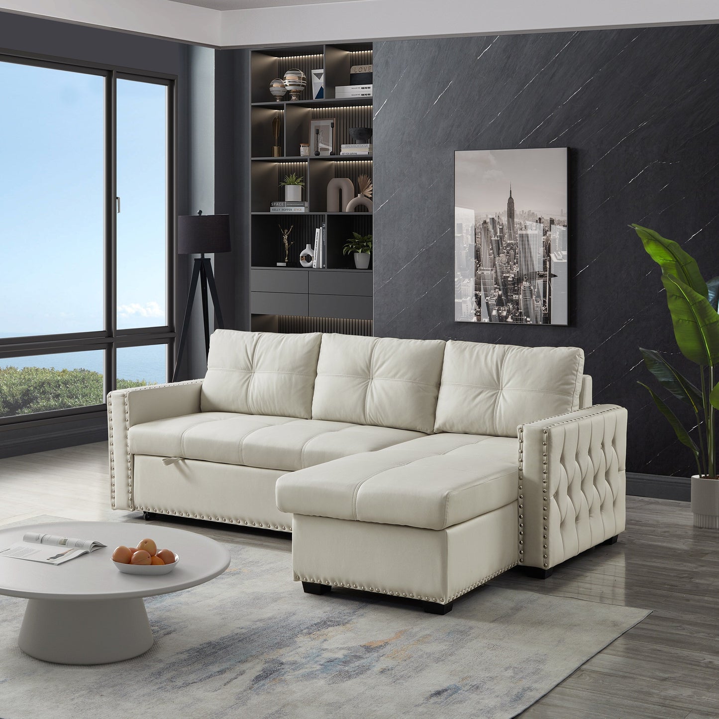 88'' Microfiber Convertible 3-Seater Sofa Bed with Storage Chaise, Pull-Out Bed, and High-Quality Sponge Cushion