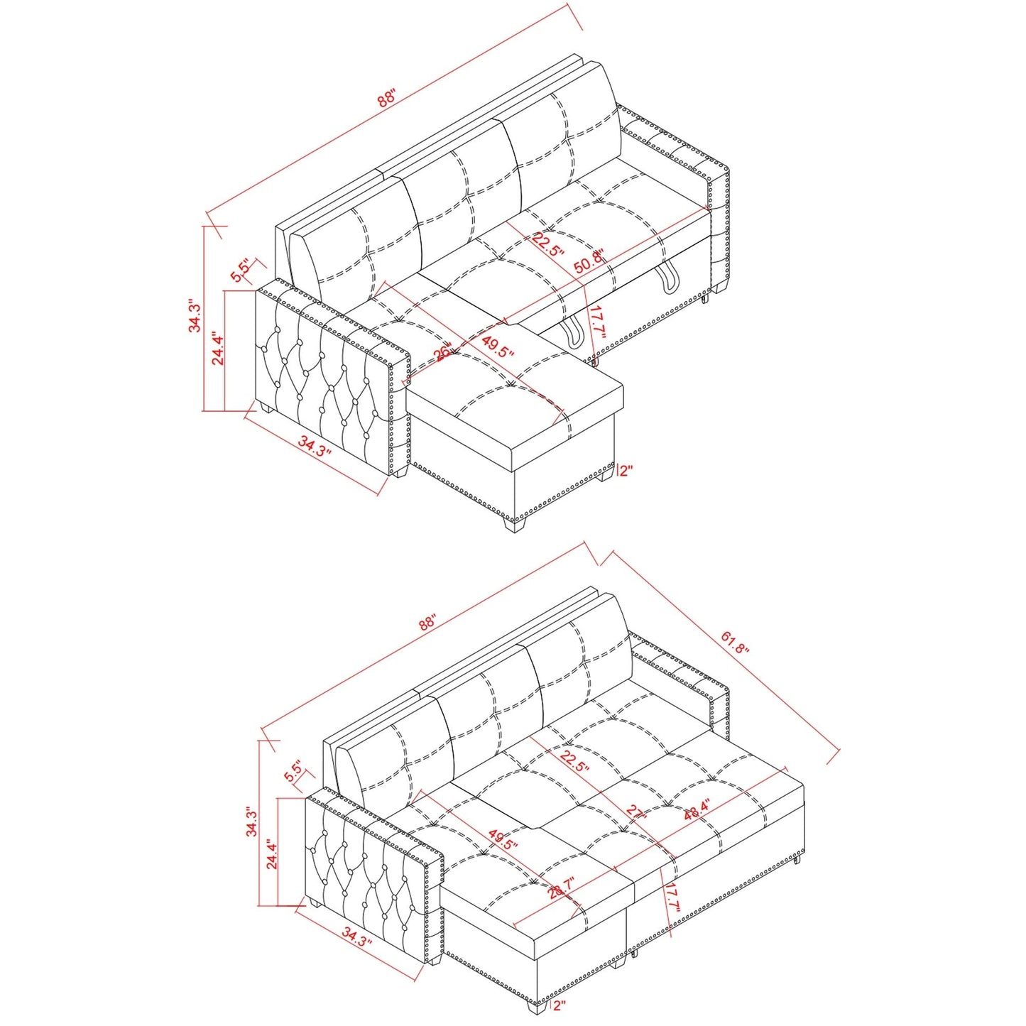 88'' Microfiber Convertible 3-Seater Sofa Bed with Storage Chaise, Pull-Out Bed, and High-Quality Sponge Cushion
