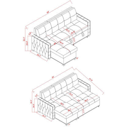 88'' Microfiber Convertible 3-Seater Sofa Bed with Storage Chaise, Pull-Out Bed, and High-Quality Sponge Cushion