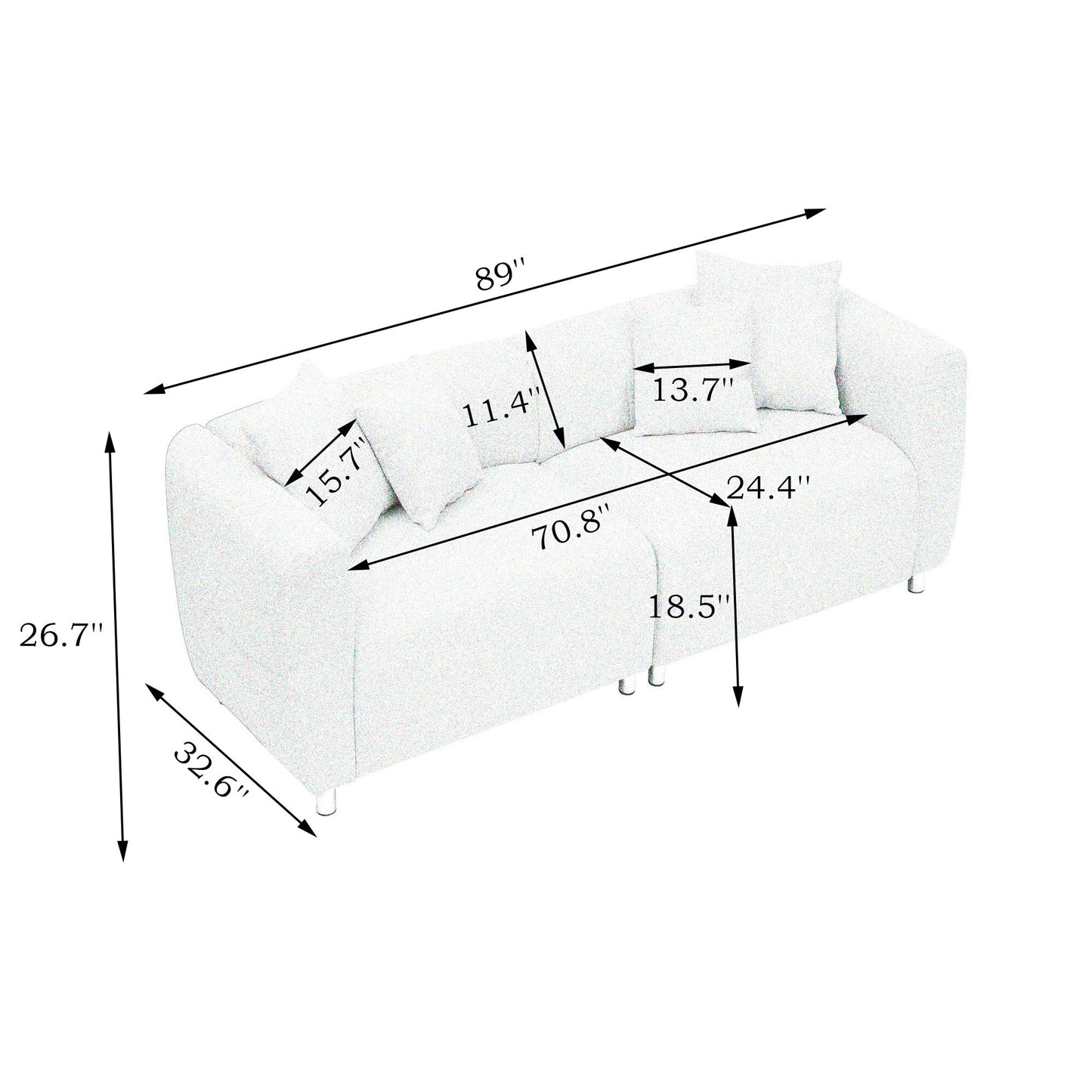 89 inch Sofa for Living Room, Fashion Sofa with Metal Legs, 3 Seater Sofa, Solid Wood Frame Couch with 4Pillows