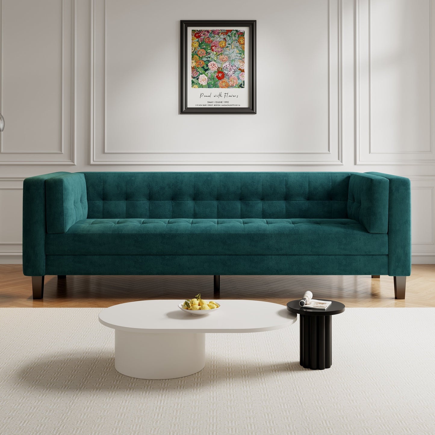 89.75 Velvet 3-seater Button Tufted Sofa with Wood Legs and Kiln-Dried Hardwood Frame for Living Room