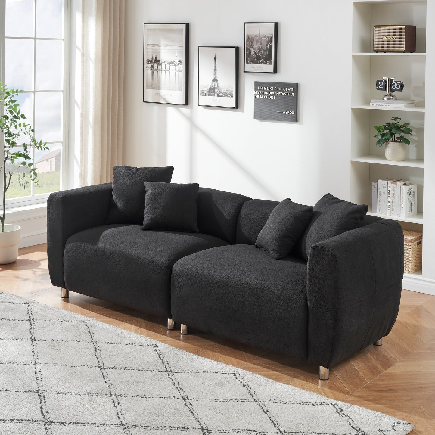 89 3-Seater Sofa - Modern Living Room Couch with Solid Wood Frame, Metal Legs & 4 Pillows