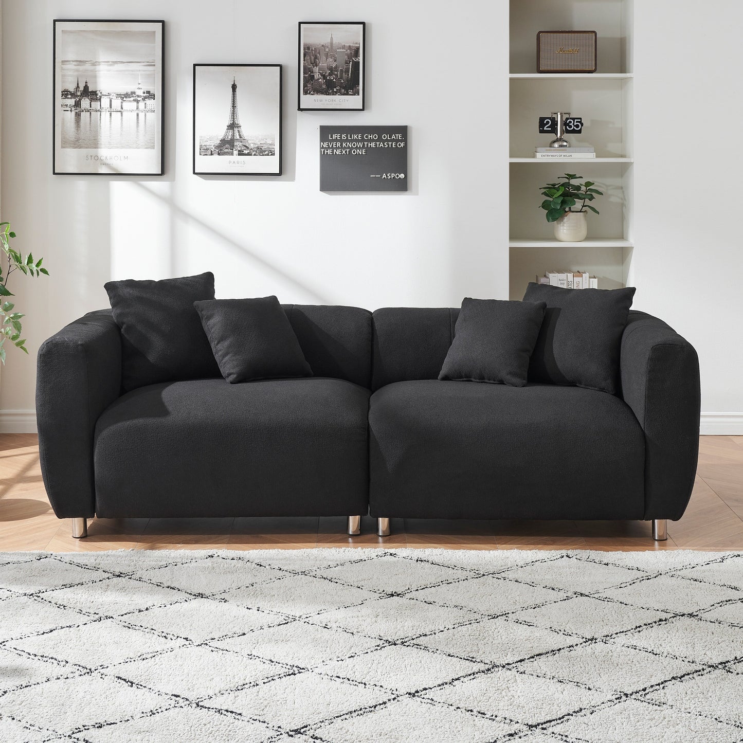 89 3-Seater Sofa - Modern Living Room Couch with Solid Wood Frame, Metal Legs & 4 Pillows