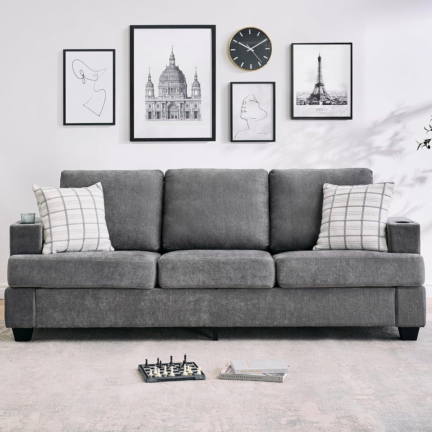 89 3-Seater Sofa, Deep Seat Sofa, Modern Comfy Couches for Living Room with Cup Holders