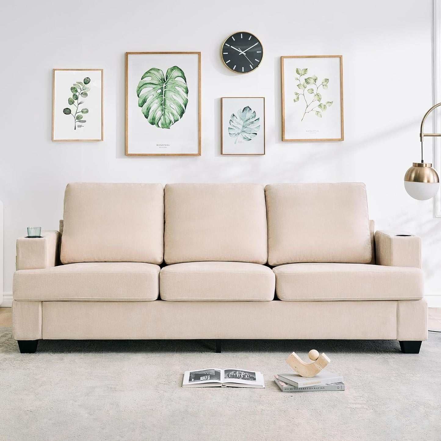 89 3-Seater Sofa, Deep Seat Sofa, Modern Comfy Couches for Living Room with Cup Holders