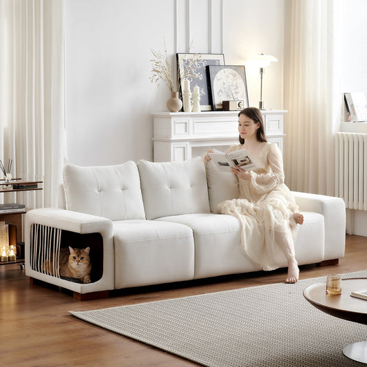 89 Velvet Upholstered 3-seater Sofa with Cat Nest, Waterproof and Cat Scratch Resistant Fabric
