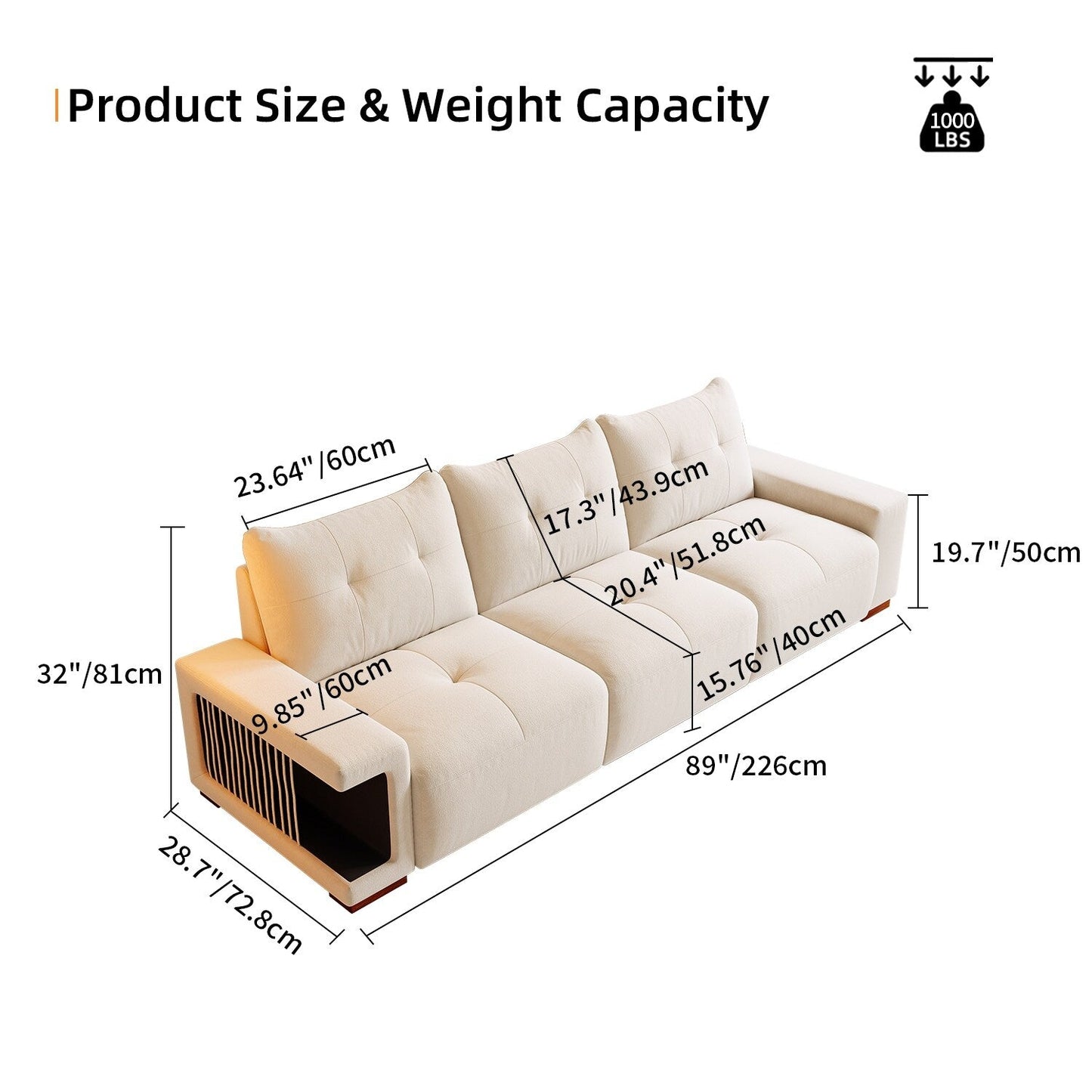 89 Velvet Upholstered 3-seater Sofa with Cat Nest, Waterproof and Cat Scratch Resistant Fabric