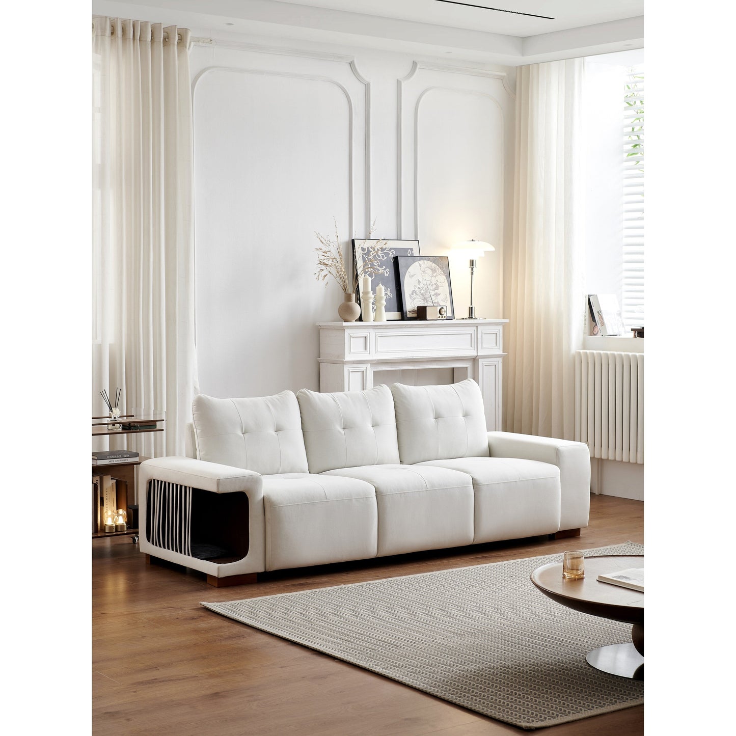 89 Velvet Upholstered 3-seater Sofa with Cat Nest, Waterproof and Cat Scratch Resistant Fabric
