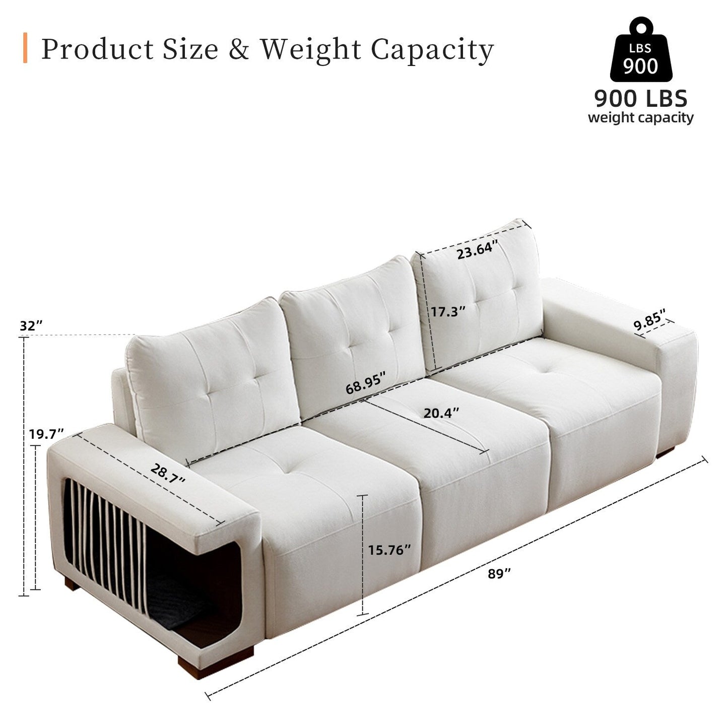 89 Velvet Upholstered 3-seater Sofa with Cat Nest, Waterproof and Cat Scratch Resistant Fabric