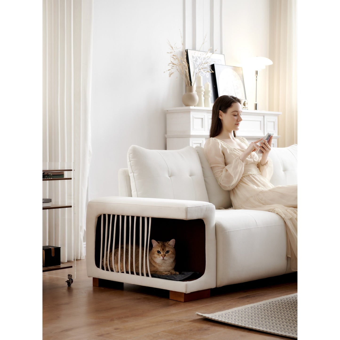 89 Velvet Upholstered 3-seater Sofa with Cat Nest, Waterproof and Cat Scratch Resistant Fabric