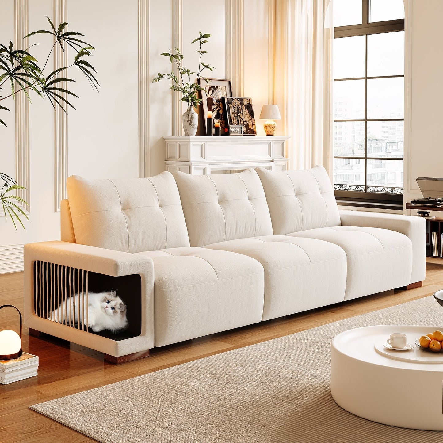 89 Velvet Upholstered 3-seater Sofa with Cat Nest, Waterproof and Cat Scratch Resistant Fabric