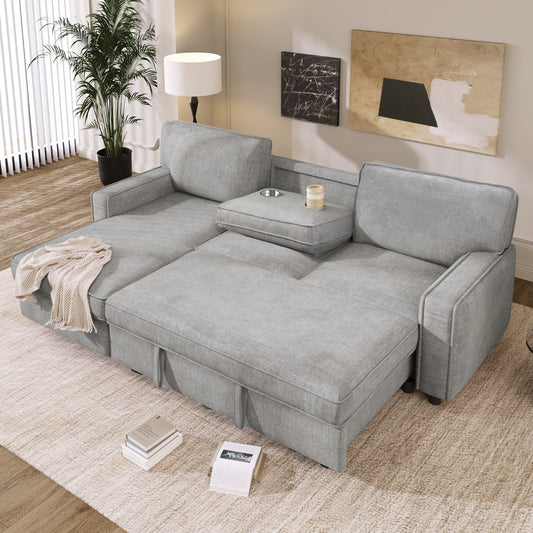 89'' Polyester Sleeper Sofa, 3-Seater with Pull-Out Bed, Storage Ottoman, USB Port, and Built-In Cup Holders