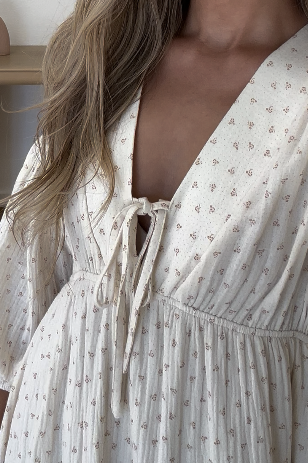 Hunter 100% Cotton Gauze Midi Dress in Natural/Brown Floral Bump Friendly (Fully Lined)