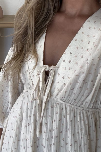 Hunter 100% Cotton Gauze Midi Dress in Natural/Brown Floral Bump Friendly (Fully Lined)