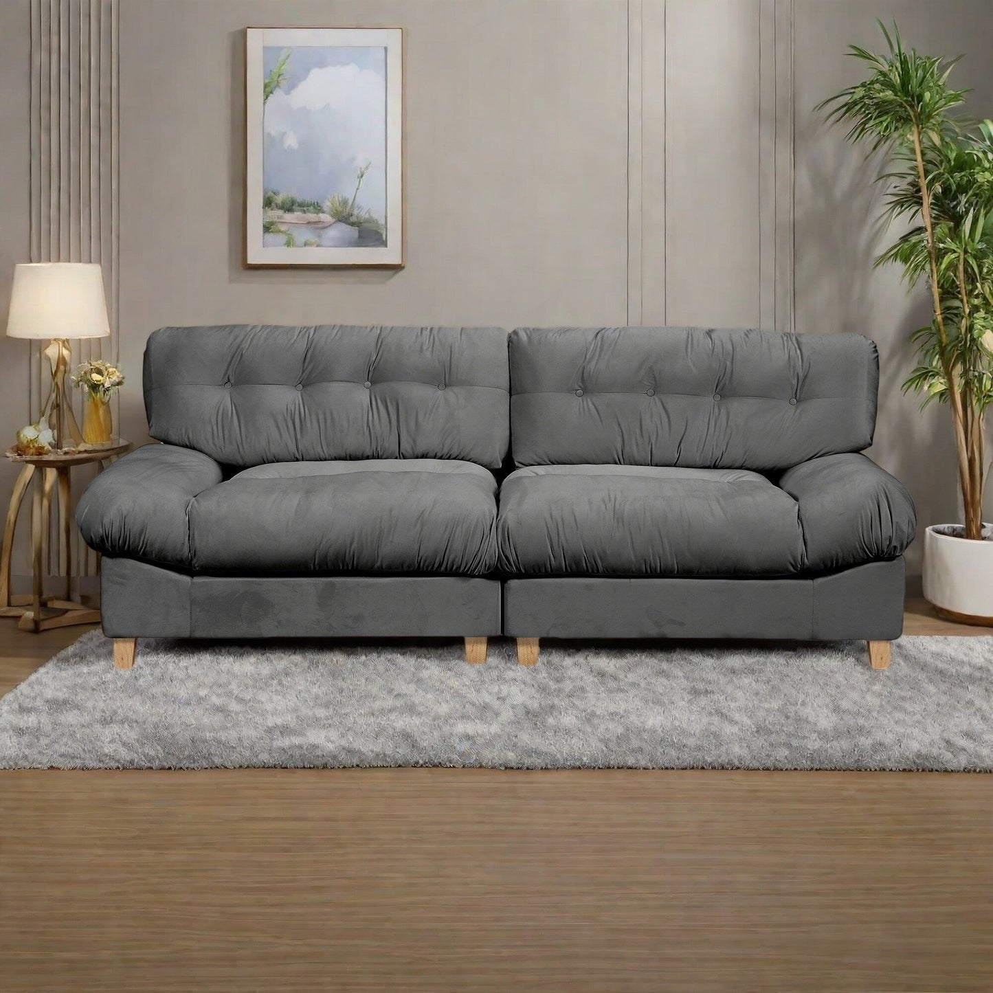 90.5 Fabric 3-Seater Sofa with High-Density Foam and Solid Wood Base