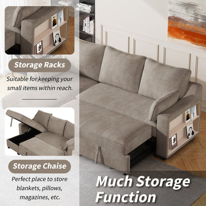 90 Fabric L-Shaped 3 Seater Sleeper Sofa with Pull-Out Bed, Storage Chaise, USB Ports, and Side Storage Racks