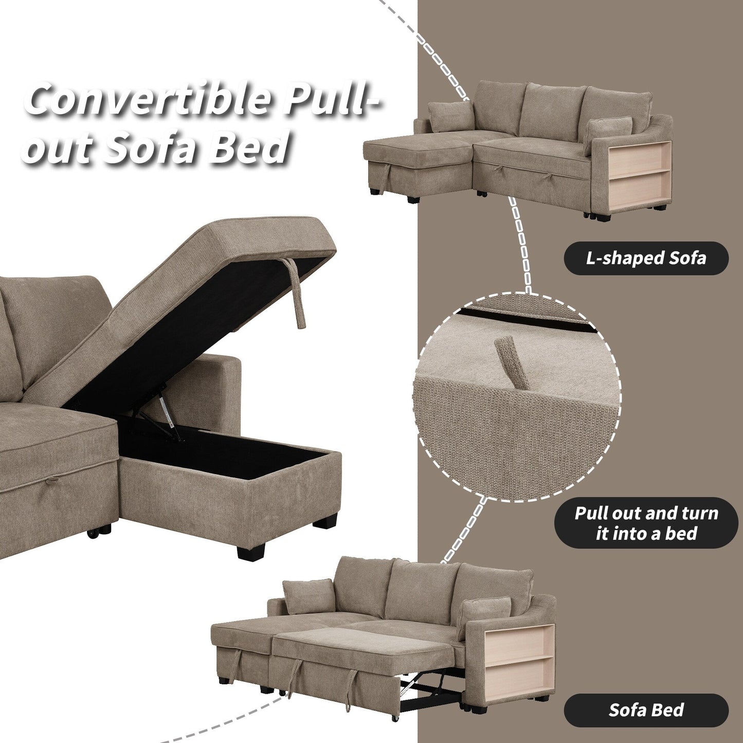 90 Fabric L-Shaped 3 Seater Sleeper Sofa with Pull-Out Bed, Storage Chaise, USB Ports, and Side Storage Racks
