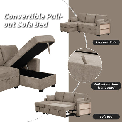 90 Fabric L-Shaped 3 Seater Sleeper Sofa with Pull-Out Bed, Storage Chaise, USB Ports, and Side Storage Racks