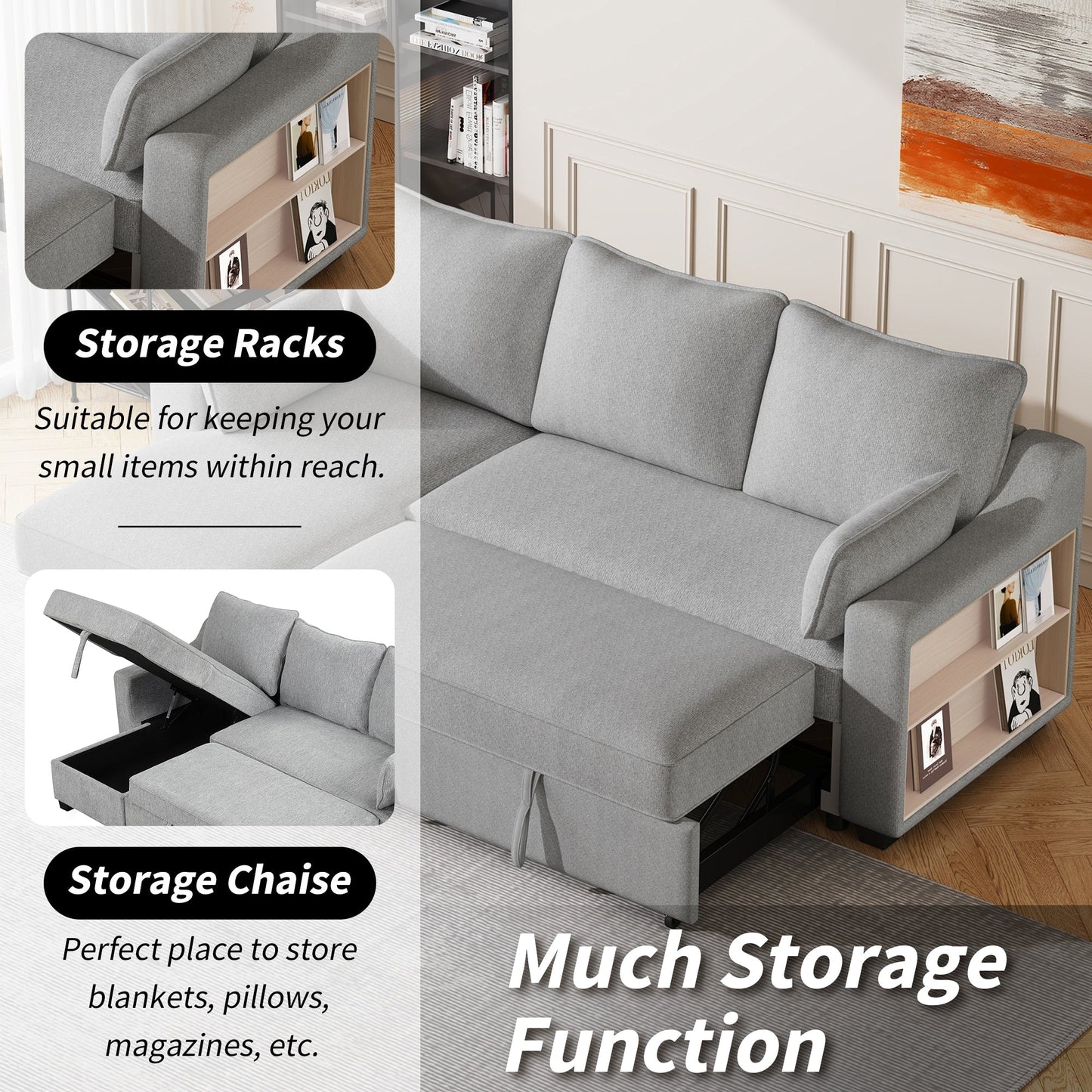 90 Fabric L-Shaped 3 Seater Sleeper Sofa with Pull-Out Bed, Storage Chaise, USB Ports, and Side Storage Racks