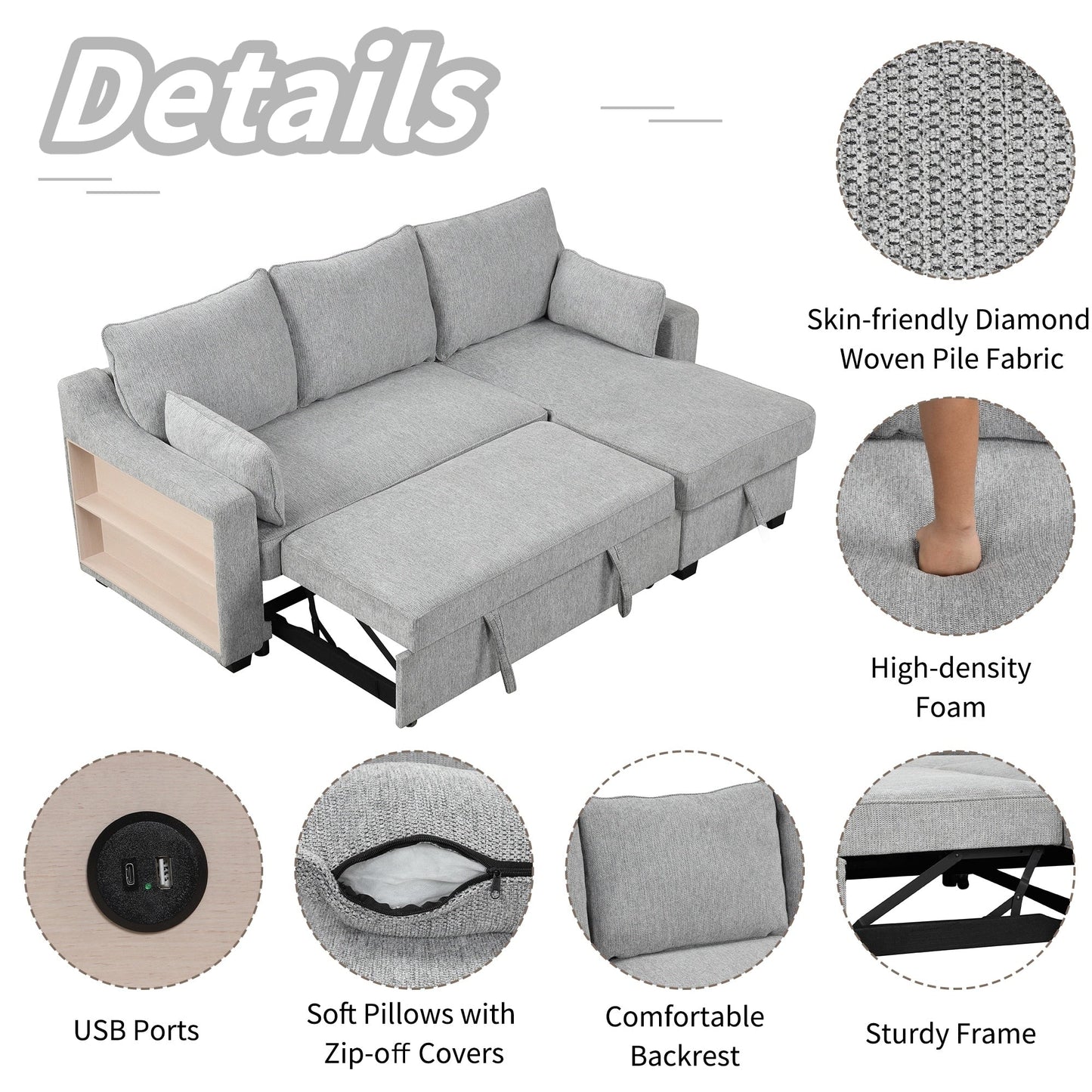90 Fabric L-Shaped 3 Seater Sleeper Sofa with Pull-Out Bed, Storage Chaise, USB Ports, and Side Storage Racks
