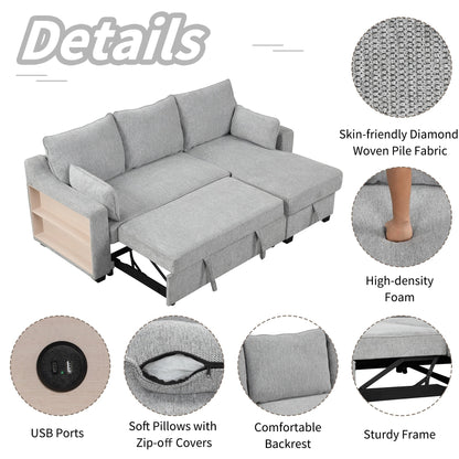 90 Fabric L-Shaped 3 Seater Sleeper Sofa with Pull-Out Bed, Storage Chaise, USB Ports, and Side Storage Racks