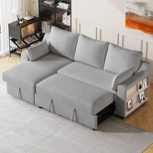 90 Fabric L-Shaped 3 Seater Sleeper Sofa with Pull-Out Bed, Storage Chaise, USB Ports, and Side Storage Racks