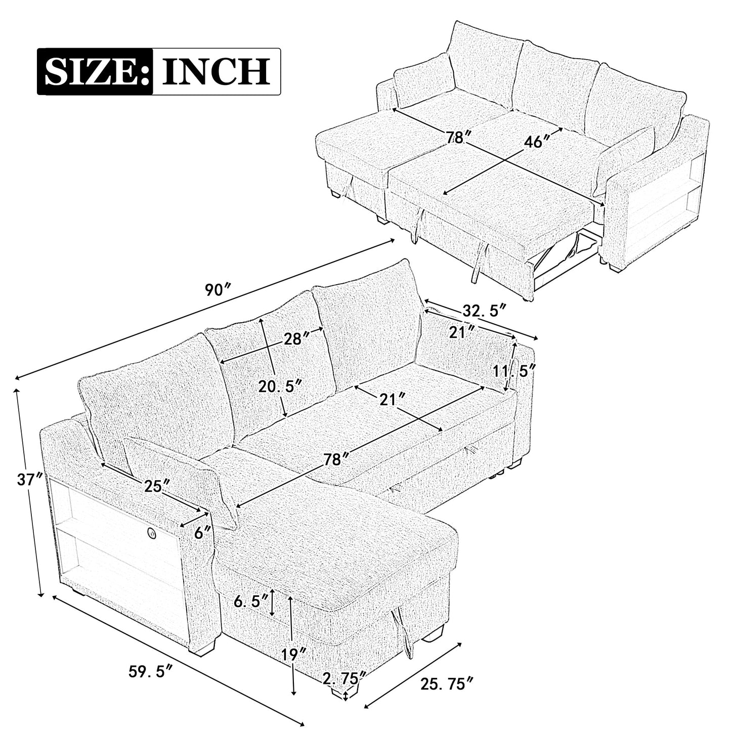 90 Fabric L-Shaped 3 Seater Sleeper Sofa with Pull-Out Bed, Storage Chaise, USB Ports, and Side Storage Racks